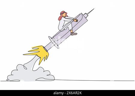 Une ligne continue dessinant un homme d'affaires arabe actif chevauchant une fusée de seringue volant dans le ciel. Concept de stimuler la santé, vaccins, virus, médecine. S Illustration de Vecteur