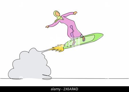 Ligne continue unique dessinant femme d'affaires arabe chevauchant planche de surf fusée volant dans le ciel. Riche entrepreneur. Lancement d'argent comptant en dollars Illustration de Vecteur