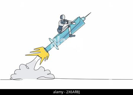 Robot dessinant une ligne continue chevauchant une fusée seringue volant dans le ciel. Améliorer la santé avec la technologie. Organisme cybernétique robot. Futur dévelo robotique Illustration de Vecteur