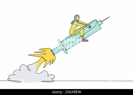 Ligne continue unique dessinant femme d'affaires arabe chevauchant une fusée de seringue volant dans le ciel. Augmenter la vaccination contre la COVID-19. Lutter pour éliminer Illustration de Vecteur