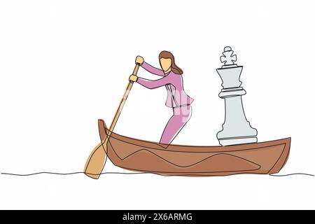 Simple une ligne dessinant femme d'affaires naviguant loin sur le bateau avec pièce de roi d'échecs. Stratégie de l'entreprise ou mouvement tactique vers la concurrence commerciale gagnante. C Illustration de Vecteur