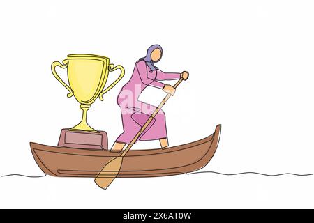 Ligne continue unique dessinant femme d'affaires arabe debout en bateau et naviguant avec trophée. Compétition de sports nautiques. Reconnaissance du championnat de voile Illustration de Vecteur