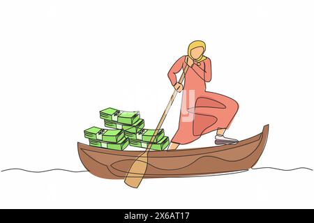 Continue d'une ligne dessinant femme d'affaires arabe debout dans le bateau à voile avec pile de papier-monnaie. Stratégie d'investissement. Planification financière au sein de l'entreprise. Illustration de Vecteur