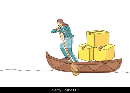 Simple ligne continue dessinant femme d'affaires naviguant loin sur le bateau avec pile de carton. Transport maritime. Expédition des articles livrés par voilier. Illustration de Vecteur