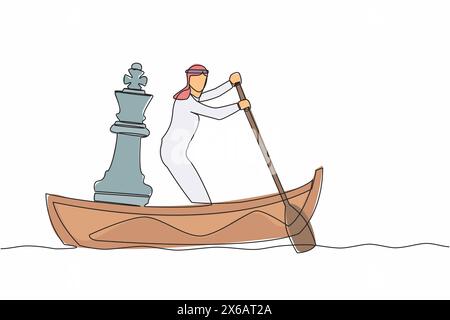 Simple une ligne dessinant homme d'affaires arabe naviguant sur le bateau avec pièce de roi d'échecs. Stratégie de l'entreprise ou mouvement tactique vers la concurrence commerciale gagnante Illustration de Vecteur