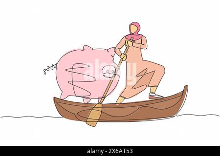 Ligne continue unique dessinant femme d'affaires arabe debout dans le bateau et naviguant avec tirelire. Objectifs économiques économiser de l'argent est très important. SM Illustration de Vecteur