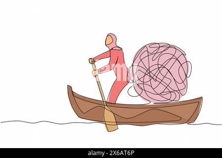 Simple une ligne dessinant femme d'affaires arabe debout dans le bateau et naviguant avec la structure ronde de boule d'esprit désordonnée. Stressant, anxieux, proble psychologique Illustration de Vecteur