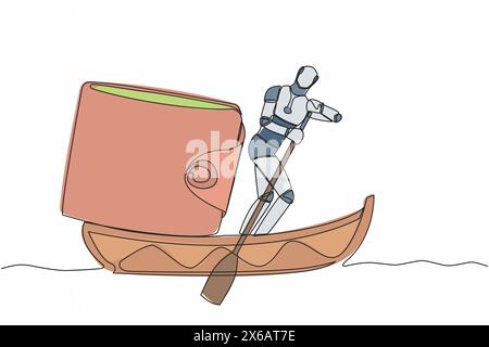 Robot dessinant une ligne continue unique naviguant sur un bateau avec sac à main. Gestion de l'argent dans la société de technologie. Développement technologique futur. Int artificiel Illustration de Vecteur
