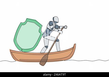 Dessin continu d'une ligne d'un robot naviguant sur un bateau avec bouclier. Sécurité et assurance dans la société tech. Organisme cybernétique robot humanoïde. Péché Illustration de Vecteur