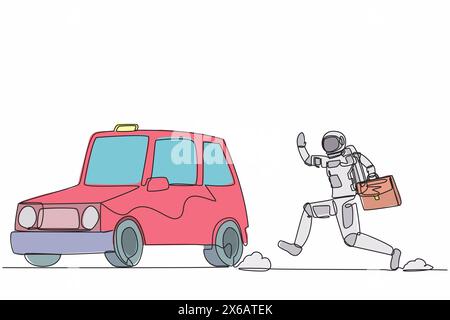 Simple dessin d'une ligne d'un jeune astronaute courir après une cabine de taxi sur la surface de la lune. Transports futurs dans l'espace extra-atmosphérique. Cosmonaute de l'espace profond. Conti Illustration de Vecteur