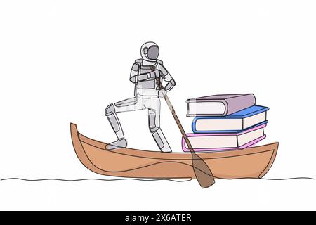 Une ligne continue dessinant astronaute naviguant loin sur le bateau avec pile de livres. enseignement supérieur et apprentissage pour devenir cosmonaute. Cosmonaute externe sp Illustration de Vecteur