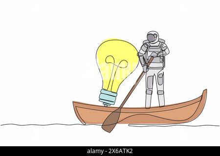 Une seule ligne dessinant un jeune astronaute naviguant sur un bateau avec une ampoule. Vision et innovation en mission galactique. Concept d'espace de galaxie cosmique. Illustration de Vecteur