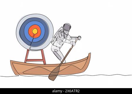 Une ligne continue dessinant un astronaute naviguant loin sur un bateau avec une cible de fléchettes. Atteindre la mission technologique pour gagner la concurrence dans la surface de la lune. Cosmonaute o Illustration de Vecteur