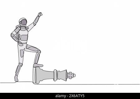 Continu d'une ligne dessinant astronaute serrer le poing et marcher sur la pièce de roi d'échecs dans la surface de la lune. Symbole de la victoire du pilote de vaisseau spatial. Spa extérieur cosmonaute Illustration de Vecteur