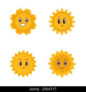 Réglez jaune soleil heureux avec le visage. Vecteur groovy isolé. Symboles de mascotte comique mignons. Concevoir des éléments graphiques. Banque D'Images