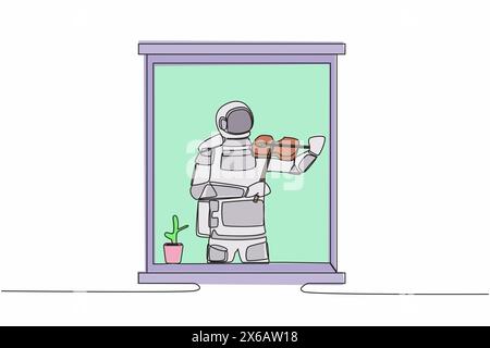 Ligne continue unique dessinant un jeune musicien astronaute debout près de la fenêtre et jouant du violon dans la chambre à la maison dans la surface de la lune. Cosmonaute de l'espace profond Illustration de Vecteur