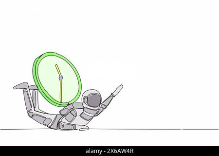 Dessin continu d'une ligne de l'astronaute sous le lourd fardeau de l'horloge de mur. Expédition Spaceman dans les délais et les délais, sous pression. Cosmonaute ou Illustration de Vecteur