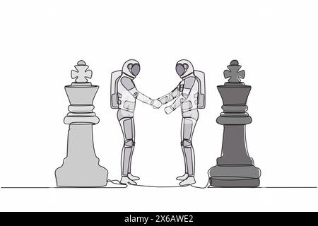 Dessin continu d'une ligne de deux astronautes serrant la main ensemble tout en se tenant debout entre des pièces d'échecs royales. Accord ou partenariat. Cosmonaute o Illustration de Vecteur