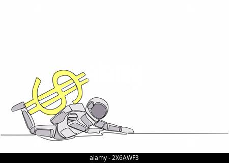 Dessin continu d'une ligne de jeune astronaute sous lourd fardeau de symbole dollar. Astronome surmené dans l'exploration galactique. Cosmonaute de l'espace extra-atmosphérique. S Illustration de Vecteur