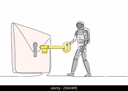 Une seule ligne continue dessinant astronaute mettant la grande clé dans le courrier. Protection de message numérique ou système de sécurité de courrier électronique dans la compagnie de vaisseau spatial. Cosmonau Illustration de Vecteur