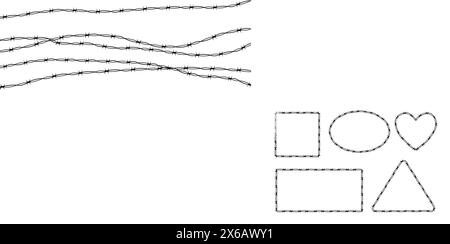 Set Wire Barb Heart, ovale, cadres rectangulaires y2k bordure de tatouage gothique Spiky punk imprimé isolé sur fond blanc. Formes de limite d'emo barbwire. Illustration vectorielle Illustration de Vecteur