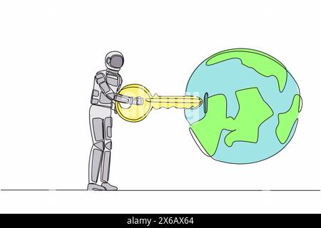 Dessin d'une seule ligne continue d'astronaute mettant la clé dans le globe. Voyagez ou explorez la terre au-dessus de l'atmosphère. Orbite planétaire de recherche. Cosmonaute profond Illustration de Vecteur