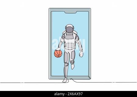 Continu une ligne dessinant astronaute joueur de basket-ball en cours d'exécution et dribble avec balle hors de l'écran du smartphone. App basket-ball. Cosmonaute externe spac Illustration de Vecteur