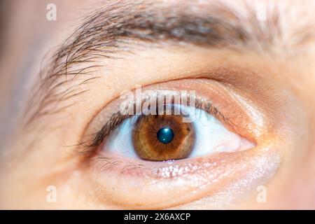 Une photo macro captivante révélant les détails complexes de l'œil brun d'un homme, évoquant la profondeur et l'émotion. Banque D'Images