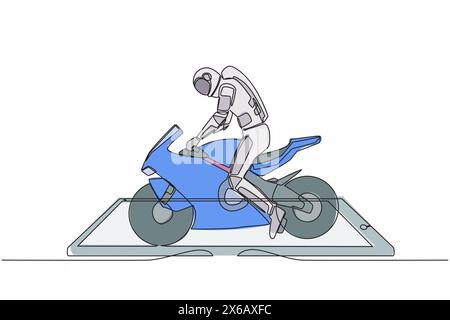 Continu une ligne dessinant jeune astronaute motard portant un casque, conduisant une moto sur l'écran du smartphone. Vélo de sport en ligne. Cosmonaute de l'espace extra-atmosphérique. Si Illustration de Vecteur