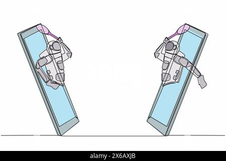 Simple dessin d'une ligne de deux jeunes astronautes joueurs de tennis sort du téléphone portable prêt à jouer dans la surface de la lune. Espace galaxique cosmique. Contin Illustration de Vecteur