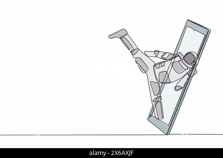 Simple dessin d'une ligne d'astronaute taekwondo dans la combinaison spatiale faisant une pose de coup de pied sortant de l'écran du smartphone. Application en ligne jeu taekwondo. Galaxie cosmique Illustration de Vecteur