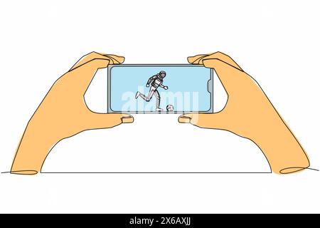 Diffusion en direct en continu d'une ligne de la ligue de football sur téléphone portable. Main d'homme tenant smartphone et regarder Spaceman match de football. Cosmonaute o Illustration de Vecteur