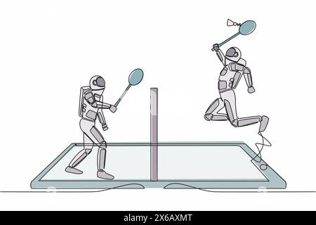 Court de badminton dessinant une ligne unique avec deux joueurs astronautes frappant le volant avec leurs raquettes sur l'écran de smartphone. Espace galaxique cosmique c Illustration de Vecteur