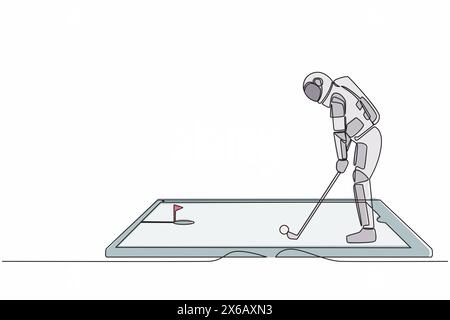 Simple une ligne dessinant jeune astronaute golfeur jouant au golf sur l'écran de smartphone. Golfeur frappant la balle avec club, application mobile en ligne. Galaxie cosmique spac Illustration de Vecteur