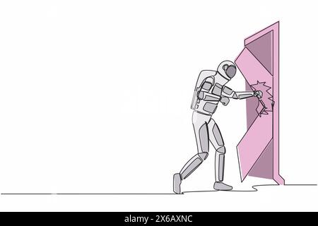 Une ligne continue dessinant l'astronaute poinçonnant et détruisant la porte. Dépeint l'élimination de la barrière d'entrée, surmonter les défis. Cosmonaute de l'espace extra-atmosphérique Illustration de Vecteur