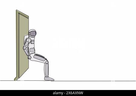 Dessin continu d'une ligne d'un jeune astronaute poussant la porte avec son dos. Spaceman surmontant les obstacles dans l'expédition de vaisseau spatial. Cosmonaute externe spac Illustration de Vecteur