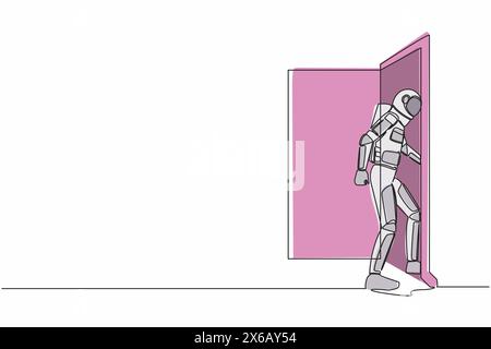 Une seule ligne dessinant le jeune astronaute entre dans la pièce par la porte. Spaceman marchant vers la porte ouverte. Commencer la nouvelle journée au bureau. Espace galaxique cosmique. Co Illustration de Vecteur