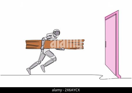 Dessin en ligne continue d'un jeune astronaute tenant une grande bûche et détruisant la porte. Surmontez les défis et les obstacles avec le pouvoir. Cosmonaute profond Illustration de Vecteur