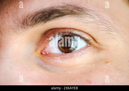 Une photo macro captivante révélant les détails complexes de l'œil brun d'un homme, évoquant la profondeur et l'émotion. Banque D'Images