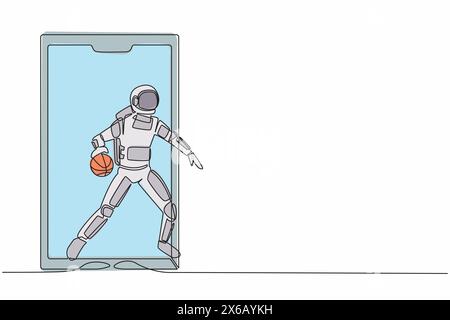 Continu une ligne dessinant astronaute joueur de basket-ball en cours d'exécution et dribble avec balle hors de l'écran du smartphone. Basket-ball en ligne. Cosmonaute extérieur s Illustration de Vecteur