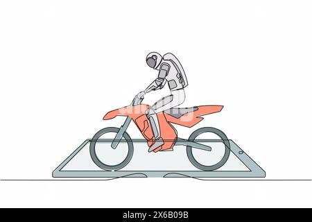 Simple dessin d'une ligne de jeune astronaute motocross rider Ride motocross vélo sur l'écran du smartphone. Freestyle motocross sport extrême. Galaxie cosmique Illustration de Vecteur