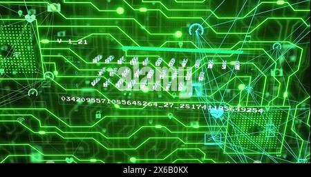 Image de globes d'icônes numériques, de traitement des données et de connexions de microprocesseur vert Banque D'Images