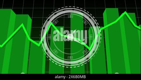 Illustration de l'horloge de TIC-tac sur le traitement des données statistiques sur fond noir Banque D'Images