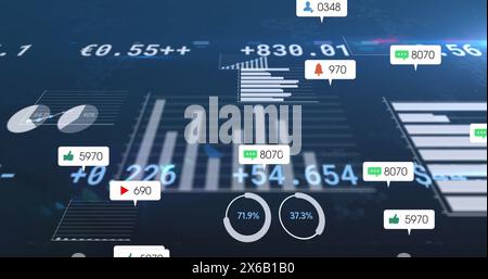Image d'icônes de médias sociaux flottant au-dessus du traitement des données statistiques sur fond bleu Banque D'Images