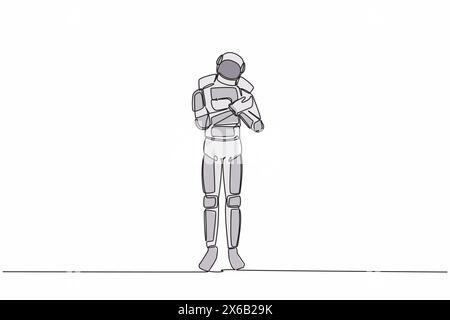 Dessin en ligne continue unique d'un jeune astronaute debout et embrassant un ordinateur portable au bureau. Aimant son travail d'exploration cosmique interstellaire. Cosmonaute profond Illustration de Vecteur