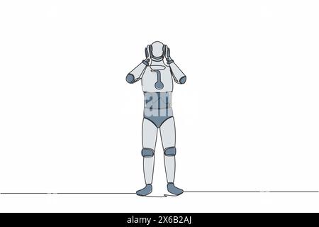 Dessin de ligne continue simple robot stressé avec maux de tête, mains sur sa tête, migraine, problèmes de santé, douleur à la tête. Machine d'intelligence artificielle Illustration de Vecteur