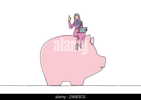 Simple dessin d'une ligne de jeune femme d'affaires arabe assise sur une grande tirelire tout en tenant un ordinateur portable. Rappelant l'importance de l'investissement. Finances Illustration de Vecteur