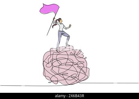 Dessin de ligne continue unique de jeune femme d'affaires debout sur un cercle enchevêtré géant. Lever le drapeau sur sa main. Femme d'affaires qui parviennent à sortir Illustration de Vecteur