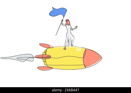 Dessin en ligne continue unique d'un jeune homme d'affaires arabe prospère debout sur une fusée volante à travers le drapeau levant le ciel. Entrepreneur débutant a Illustration de Vecteur