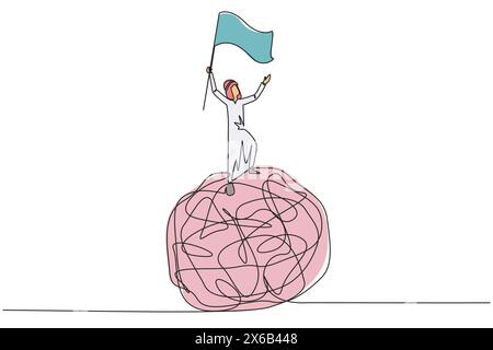 Dessin au trait continu unique d'un jeune homme d'affaires arabe debout sur un cercle enchevêtré géant. Levant le drapeau sur sa main. Homme d'affaires qui parviennent à obtenir Illustration de Vecteur